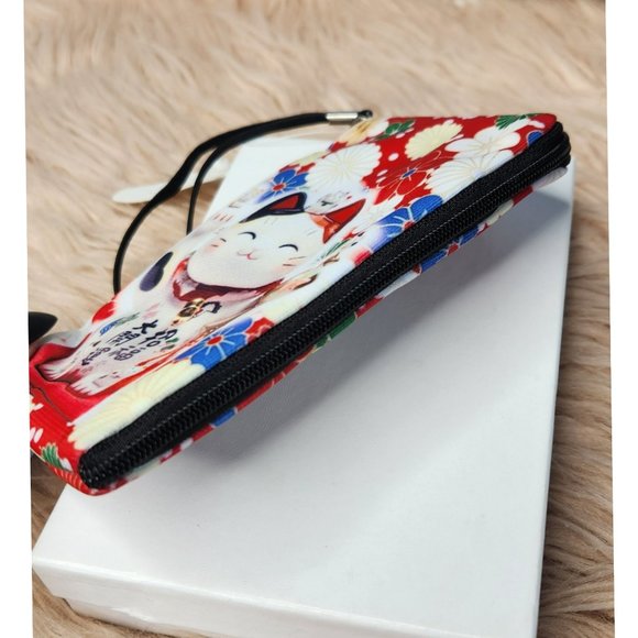NWT CUTE!! Maneki Neko Japanese Lucky Fortune Cat Zipper Pouch - Picture 2 of 5